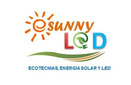 Logotipo de Sunny LED con iconos de sol y energía, texto: "Ecotecnias, energía solar y LED".