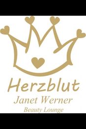 Goldene Krone mit Herzen über dem Schriftzug "Herzblut Janet Werner Beauty Lounge".