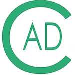 Grünes "CAD"-Logo auf weißem Hintergrund, der Buchstabe C umschließt "AD" in der Mitte.