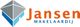 Logo met grijze kubus en tekst: "Jansen Makelaardij" in oranje en blauw.