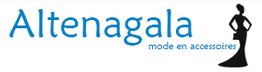 Logo van Altenagala met tekst "mode en accessoires" en silhouet van een vrouw in een jurk.