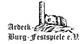 Schwarz-weiße Zeichnung einer Burgruine und dem Text "Ardeck-Burg-Festspiele e.V.".
