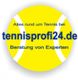 Gelbes Logo mit Text: "Alles rund um Tennis bei tennisprofi24.de, Beratung von Experten."