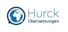Logo von Hurck Übersetzungen mit Globus und blauer Schrift.