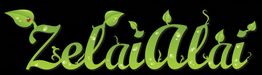 Texto "Zelai Alai" en letras verdes con hojas y mariquita sobre fondo negro.