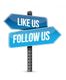 Two blue arrows read "Like Us" and "Follow Us" on a pole.