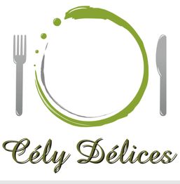 Logo avec fourchette et couteau, cercle vert, texte "Cély Délices".