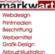 Logo der Werbeagentur Markwart mit den Dienstleistungen: Webdesign, Printmedien, Beschriftung.