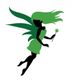 Silhouette of a green-winged fairy holding a leaf, flying with hair and dress flowing.