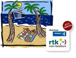 Comic: Paar schläft am Strand unter Palmen, Kreuzfahrtschiff im Meer, rtk und Payback Logos.