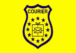 Gelbes Wappen mit einem Paket, Briefsymbol und 13 Sternen. Oben steht "Courier".