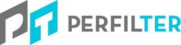 Logo de la empresa "Perfilter" con un diseño geométrico en gris y azul.