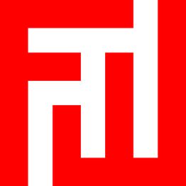 Rotes Quadrat mit weißen, verschlungenen Linien, die ein stilisiertes Muster bilden.