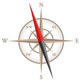 Kompassrosette mit roten und grauen Nadeln, die nach Norden und Süden zeigen.