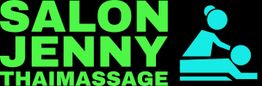 Salon-Logo mit grüner Schrift: "Salon Jenny Thaimassage", daneben massierende Personen-Silhouetten.