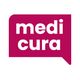 Rode tekstballon met het witte logo van "medicura".