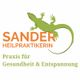 Grünes Gecko-Logo mit Text "Sander Heilpraktikerin, Praxis für Gesundheit & Entspannung".