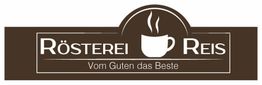 Braunes Logo mit Tasse und Schriftzug "Rösterei Reis - Vom Guten das Beste".