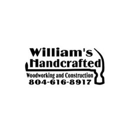 "William's Handcrafted logo with contact number, featuring woodworking and construction tools."