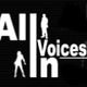 Schwarzer Hintergrund mit dem weißen Text "All In Voices", Silhouetten von Menschen integriert.