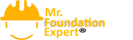 Logo with a yellow hard hat and mustache, text: "Mr. Foundation Expert".