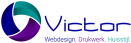Logo van Victor met cirkel en tekst: Webdesign. Drukwerk. Huisstijl. in blauw en paars.