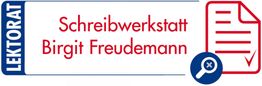 Lektorat-Logo mit Text: Schreibwerkstatt Birgit Freudemann, blaues Symbol mit Lupe und Papier.