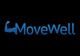 "Logo met blauwe tekst 'MoveWell' en een biceps-illustratie, op een zwarte achtergrond."