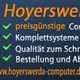 Frau am Laptop, Text: "Hoyerswerda Computer" mit Angeboten, 2 Webadressen unten.
