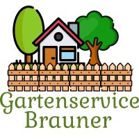 Kleines Haus mit Zaun, Bäumen, Text "Gartenservice Brauner".