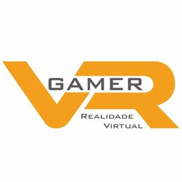 Logo com texto: "VR Gamer Realidade Virtual", em laranja e cinza.