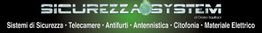 Logo Sicurezza System con servizi di sicurezza e materiali elettrici su sfondo nero e verde.