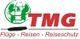 Logo mit grünem Globus, rotem "TMG" und Text "Flüge - Reisen - Reiseschutz".