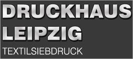 Text: "DRUCKHAUS LEIPZIG TEXTILSIEBDRUCK" in silberner Schrift auf grauem Hintergrund.