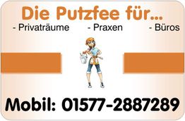Werbung für Reinigungsdienst mit Putzfrau-Illustration und Telefonnummer: 01577-2887289.