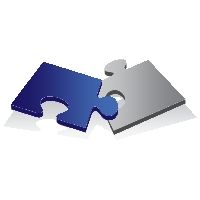 Zwei ineinandergreifende Puzzleteile: eines blau, eines grau. Symbol für Verbindung oder Lösung.