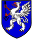 Wappen mit einem weißen Greif auf blauem Hintergrund, der einen schwarzen Schlüssel hält.