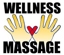 Hände mit rotem Herz in der Mitte, umgeben vom Text "Wellness Massage".