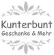 Kunterbunt-Logo mit dem Schriftzug "Kunterbunt Geschenke & Mehr", verziert mit Blättern.