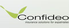 Logo von "Confideo", mit grünem Blattmotiv und dem Slogan "insurance solutions for expatriates".