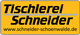 Gelbes Schild mit der Aufschrift "Tischlerei Schneider" und Webseite: schneider-schoenwalde.de