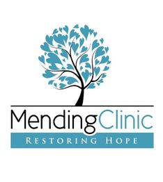 Mending Clinic logo with a tree of blue heart-shaped leaves, text: "Restoring Hope."