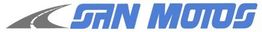 Logotipo de "San Motos" con una carretera gris curva a la izquierda. Letras en azul.