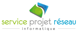 Logo coloré de "service projet réseau informatique" avec icône verte et bleue.