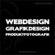 Webdesign, Grafikdesign und Produktfotografie in weißen Buchstaben auf schwarzem Hintergrund.