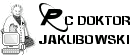 Illustration: Eine Figur in Kittel mit Computer, Text: "PC Doktor Jakubowski" in Schwarz-Weiß.