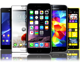 Cinco smartphones em pé lado a lado, cada um com uma tela inicial diferente.