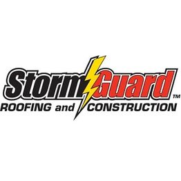 Logo of Storm Guard Roofing and Construction with a yellow lightning bolt between words.