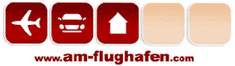Symbole: Flugzeug, Auto, Haus. Text: www.am-flughafen.com