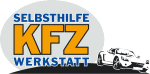 Logo mit Aufschrift "Selbsthilfe KFZ Werkstatt" und Autoabbildung.